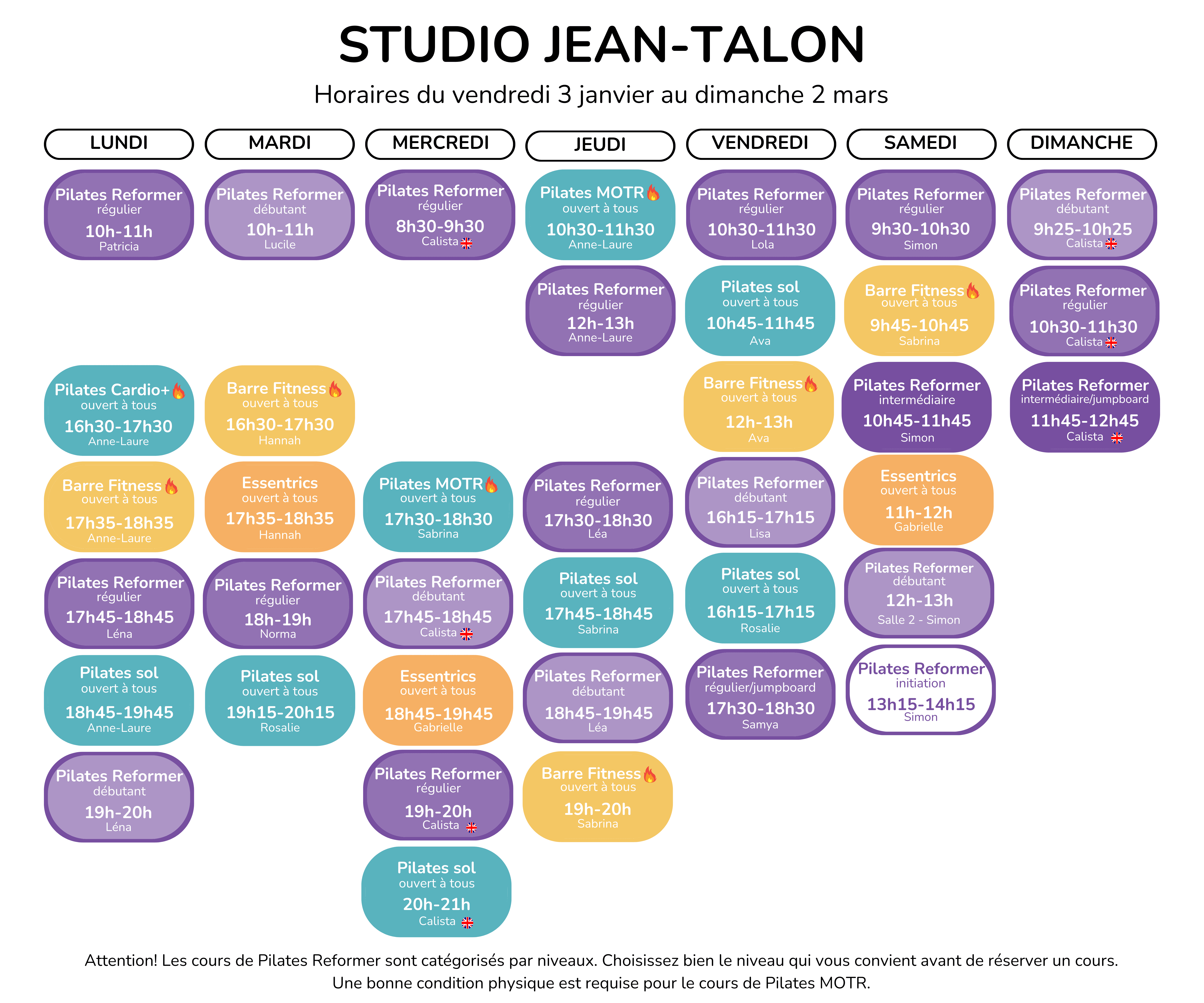 Horaires du 3 janvier au 2 mars 2025 Studio Équilibre