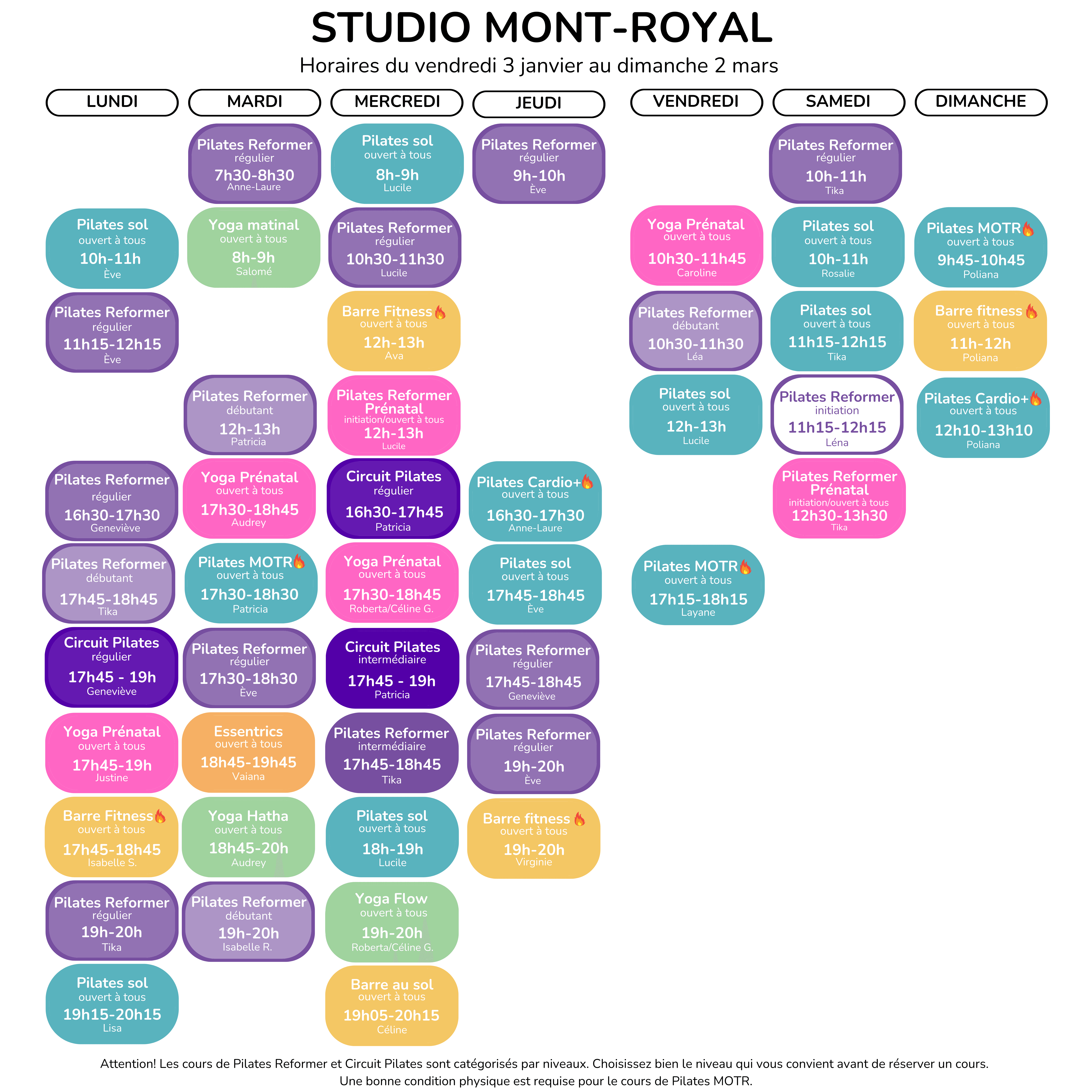 Horaires du 3 janvier au 2 mars 2025 Studio Équilibre