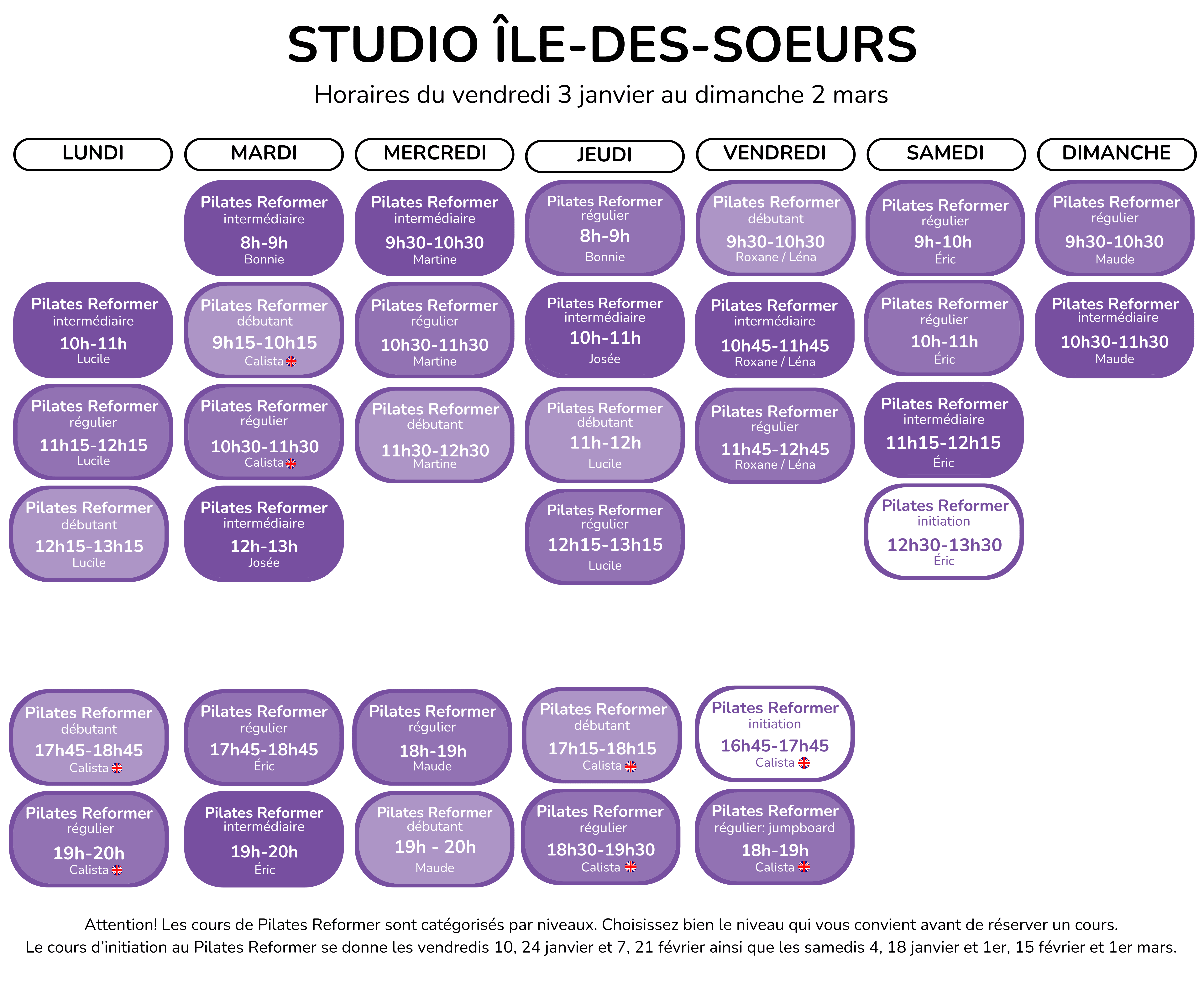 Horaires du 3 janvier au 2 mars 2025 Studio Équilibre